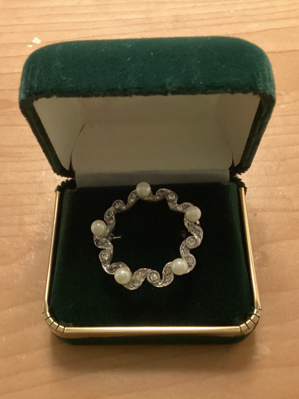 Brooch Pin STERLING SILVER Spanish Pearl/Rhinestone Circle with Gift box Vintage